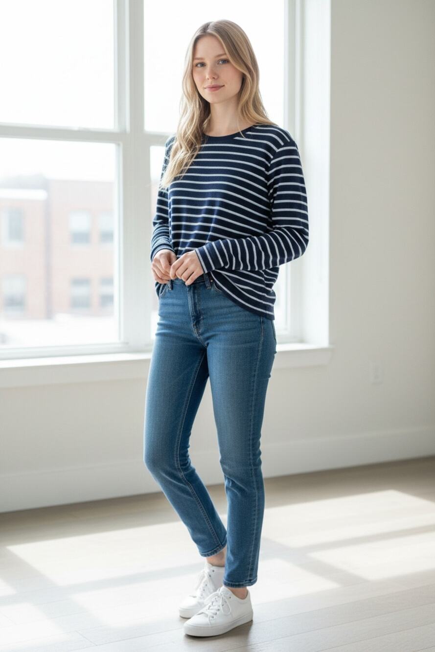 LANDS END Crew Neck Long Sleeve Shirt Size L Navy and Light Blue Stripe